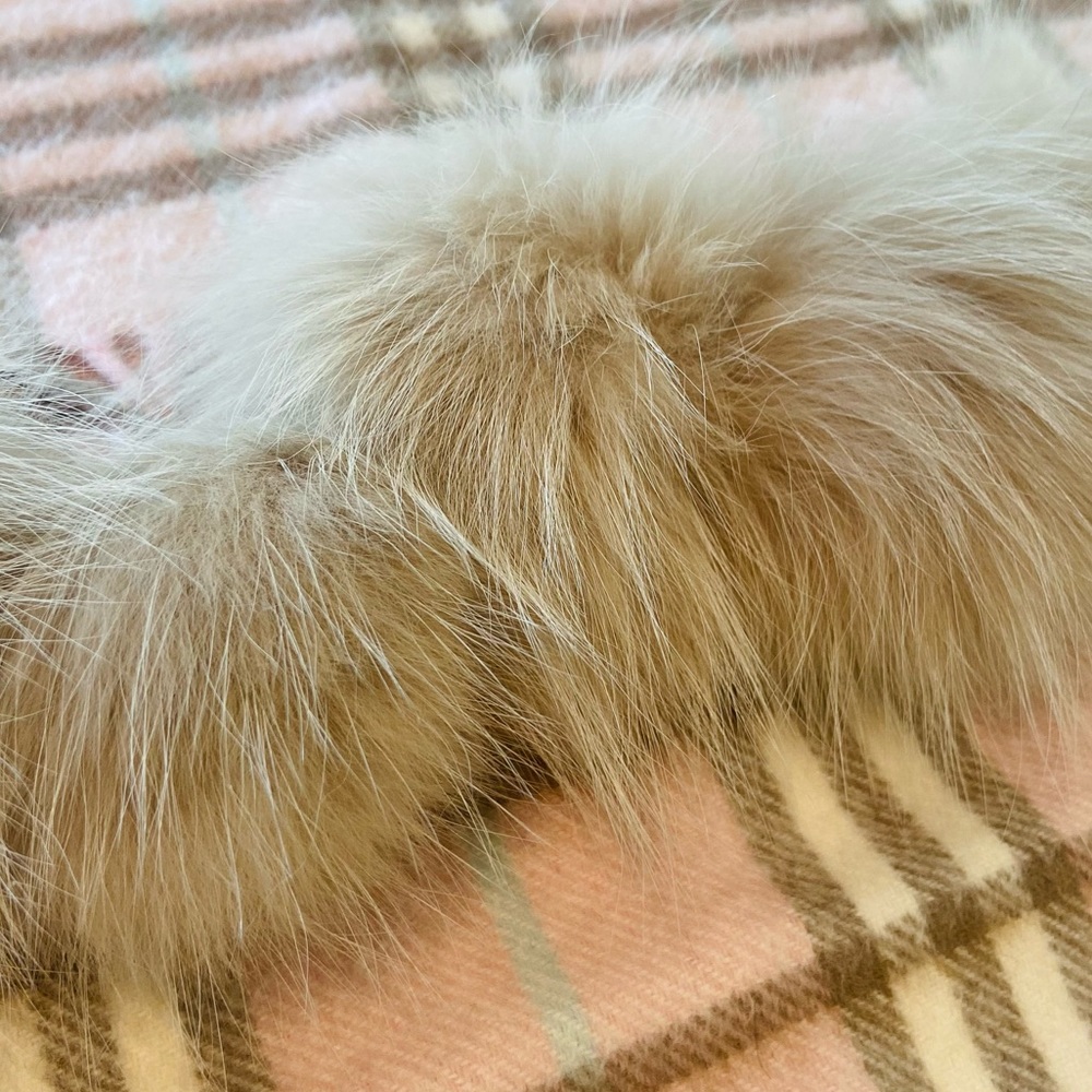 Burberry Pink Plaid Cashmere Fox Fur Pom Poms Scarf - Picture 5 of 7